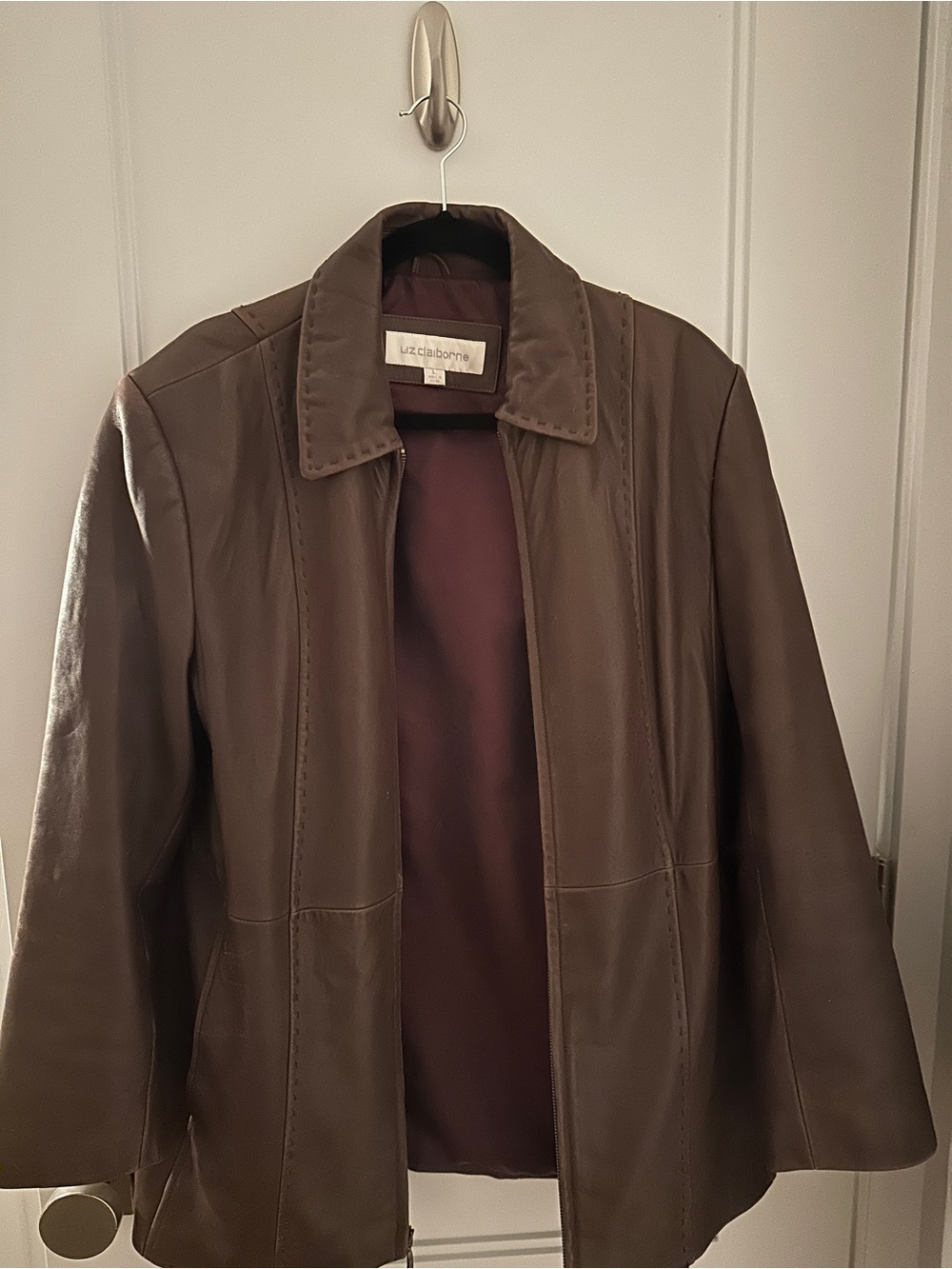 Liz Claiborne Brown Leather Trench Coat with Burgundy Lining